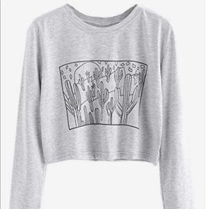 Grey Cactus Crop Top Long Sleeve